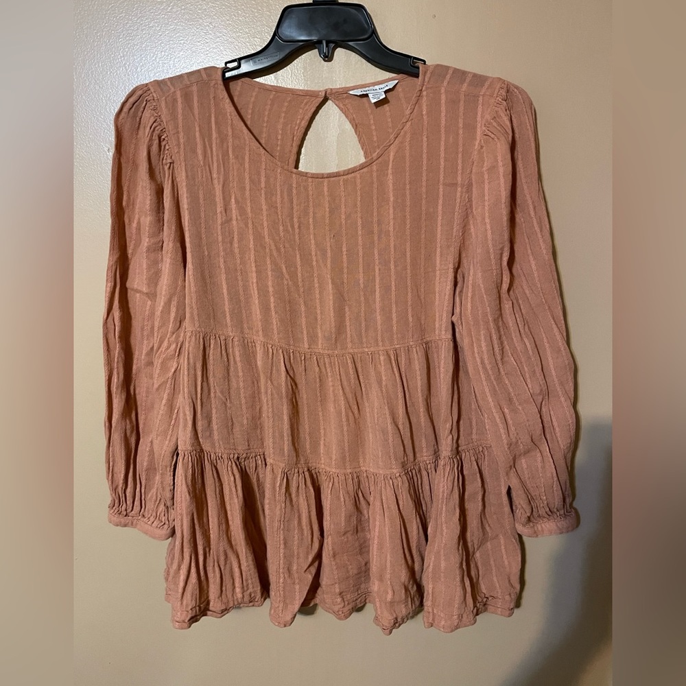 American Eagle Long Sleeve Rustic Orange Babydoll Top Cutout Back